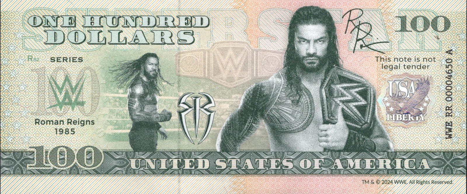 USA Roman Reigns 100 Dollars WWE TEST NOTE 2024 UNC