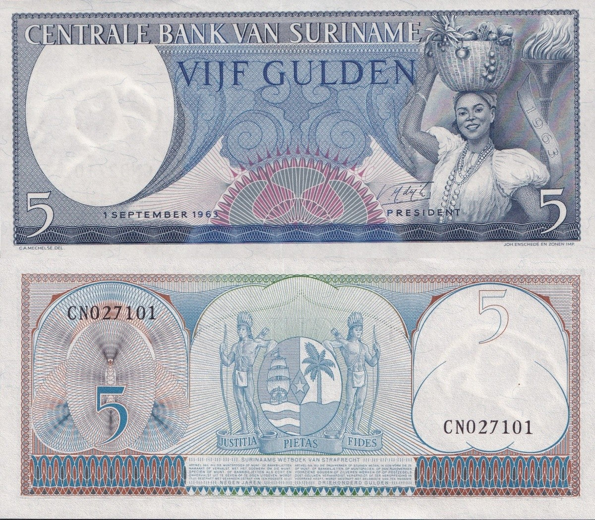 Suriname 5 Gulden 1963 P 120 UNC 1/20 Bundle Lot 5 pcs