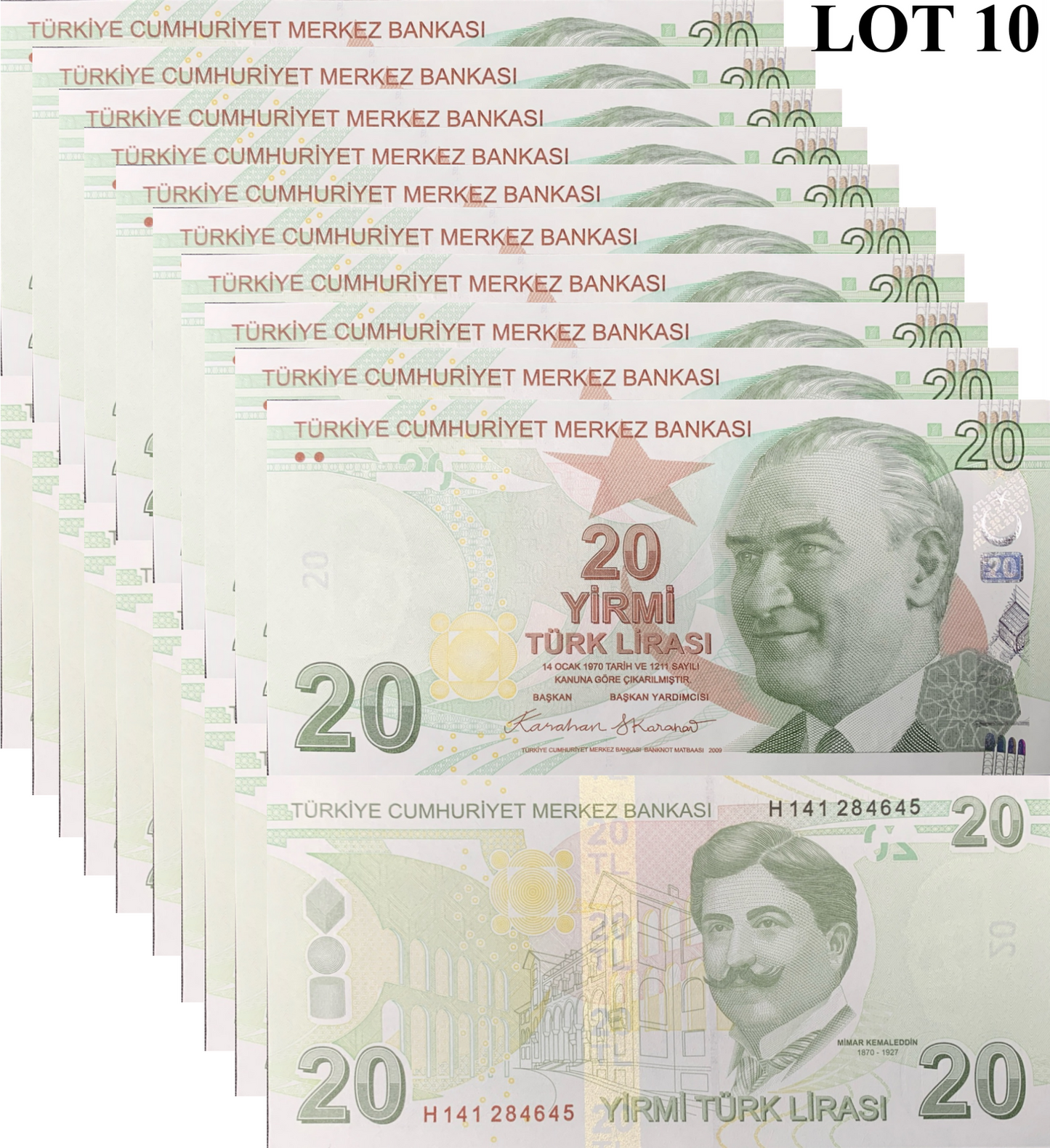 Turkey 20 Turk Lirasi 2009/2025 P 224 New Date UNC 1/10 Bundle Lot 10 pcs