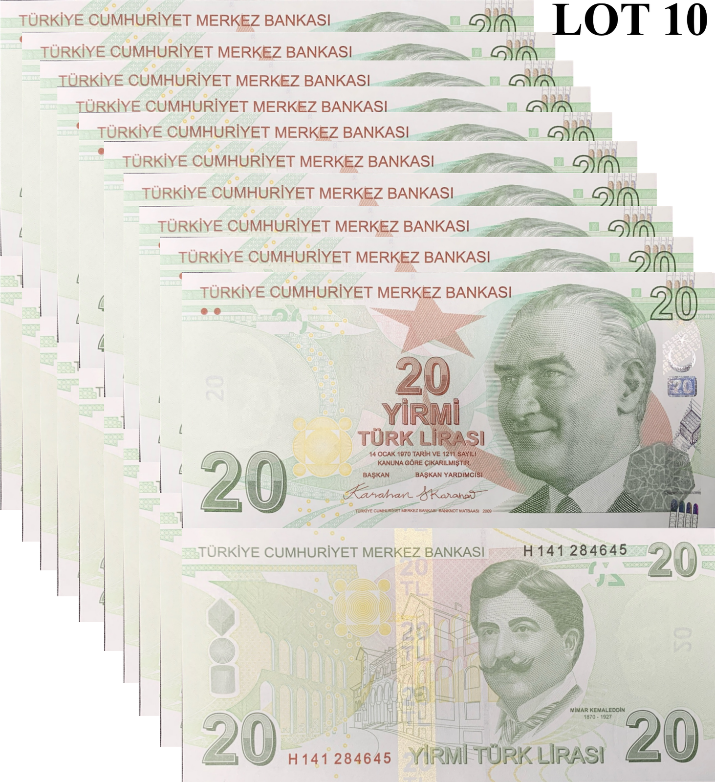 Turkey 20 Turk Lirasi 2009/2025 P 224 New Date UNC 1/10 Bundle Lot 10 pcs