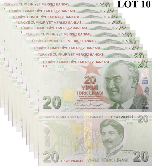 Turkey 20 Turk Lirasi 2009/2025 P 224 New Date UNC 1/10 Bundle Lot 10 pcs