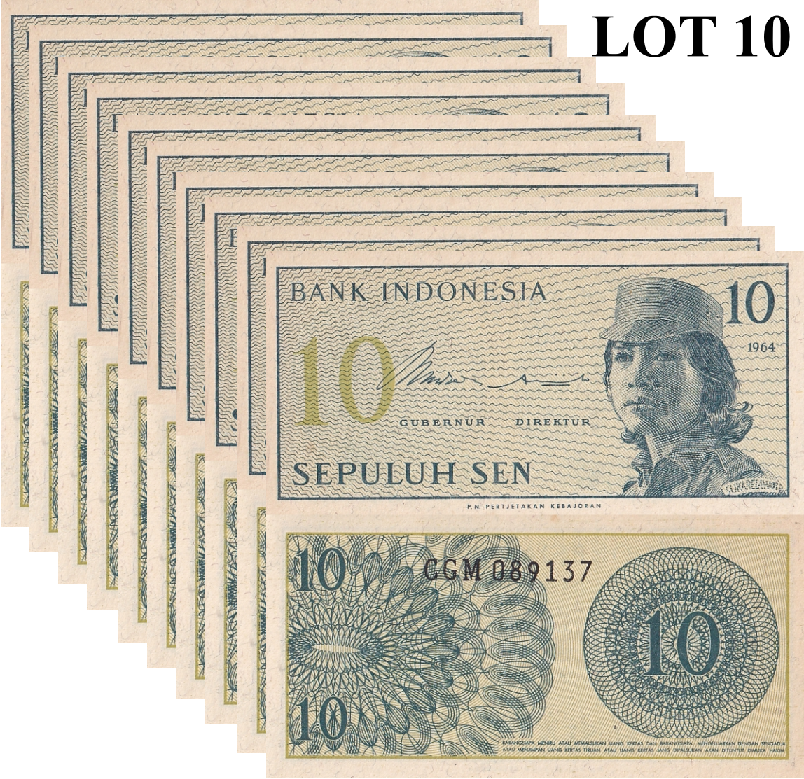 Indonesia 10 Sen 1964 P 92 UNC FOXING 1/10 Bundle Lot 10 pcs