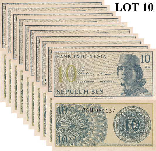 Indonesia 10 Sen 1964 P 92 UNC FOXING 1/10 Bundle Lot 10 pcs