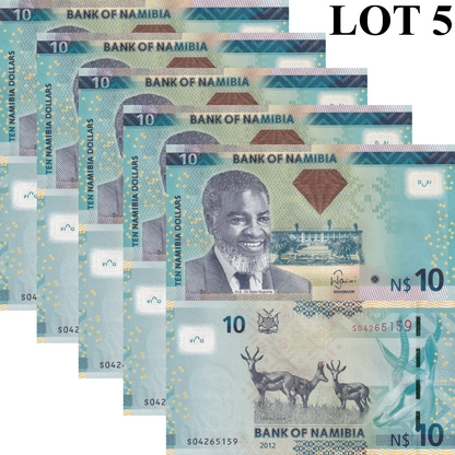 Namibia 10 Namibia Dollars 2012 P 11a UNC 1/20 Bundle Lot 5 pcs