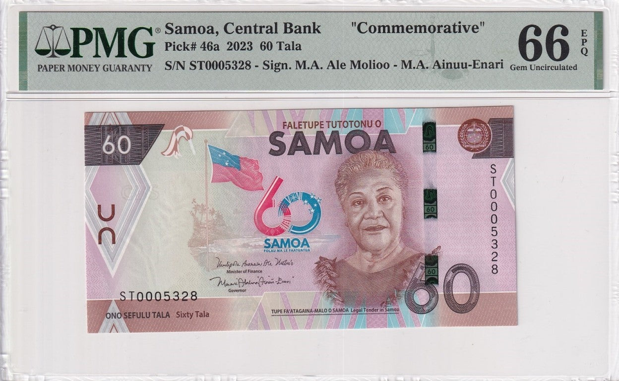 Samoa Commemorative 60 Tala ND (2023) P 46a UNC PMG 66 EPQ LOW S/N 0005328