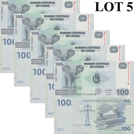 Congo Democratic 100 Francs 2022 P 98 UNC 1/20 bundle Lot 5 pcs