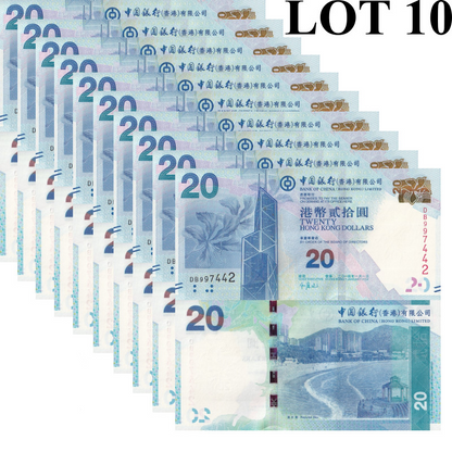 Hong Kong 20 Dollars 2014 P 341d UNC BOC 1/10 Bundle LOT 10 pcs NR (No Reserve)
