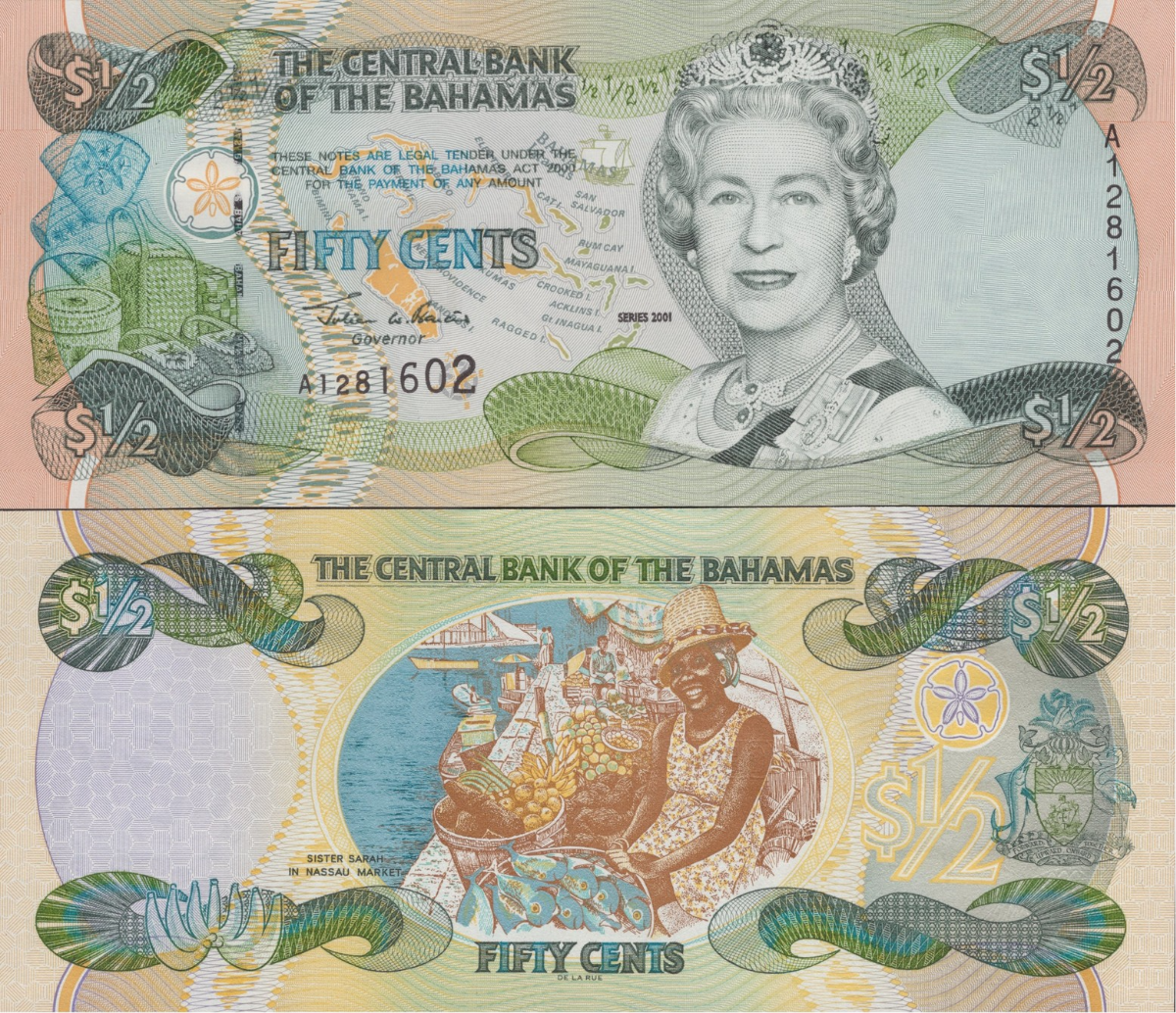 Bahamas 50 Cents 1/2 Dollar 2001 P 68 Queen Elizabeth II UNC 1/20 Bundle Lot 5