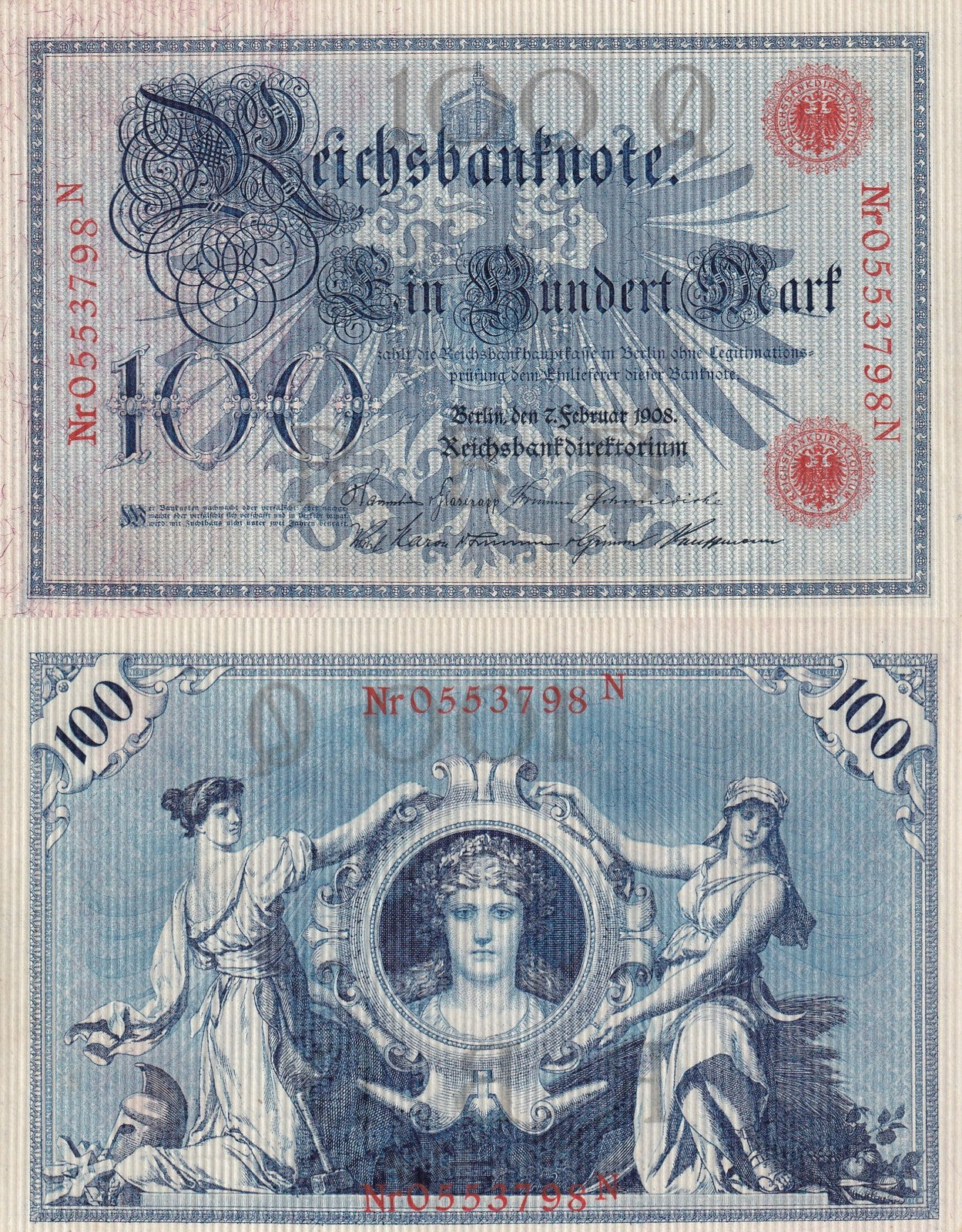 Germany Reichsbank 100 Mark 1908 P 33a Red S/N UNC