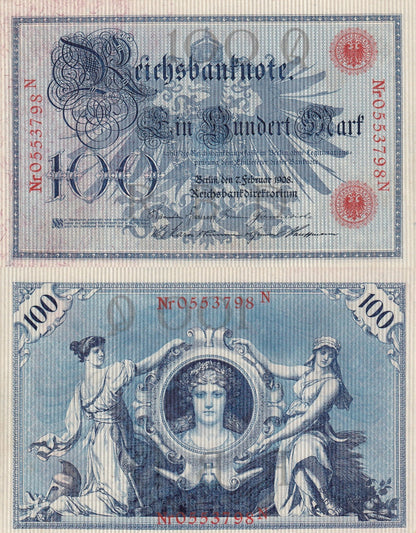 Germany Reichsbank 100 Mark 1908 P 33a Red S/N UNC