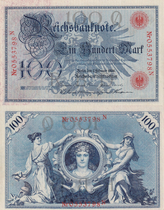 Germany Reichsbank 100 Mark 1908 P 33a Red S/N UNC