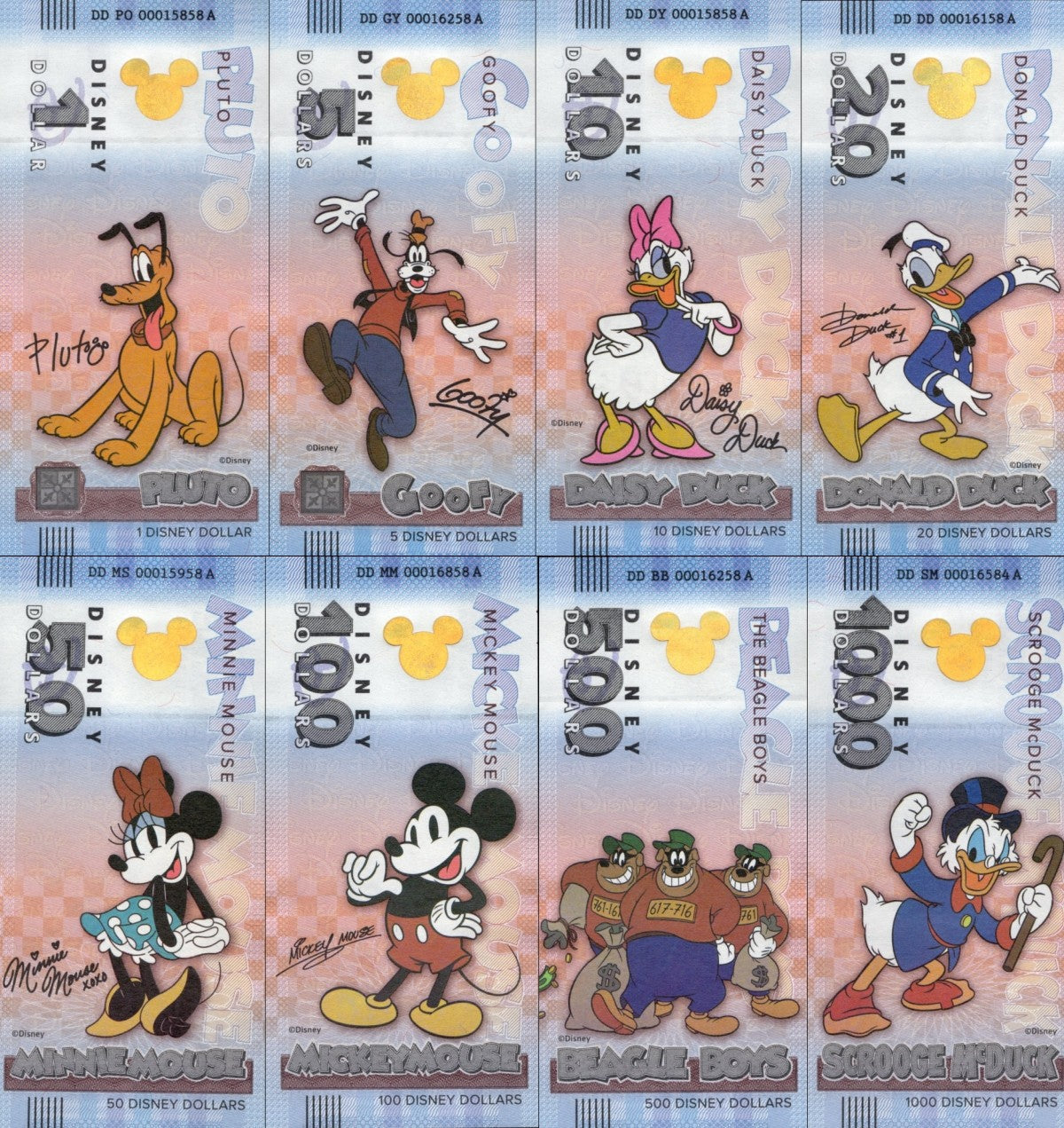 Disney Official Mickey Mouse & Frinds 1 5  10-1000 Dollars 2025 UNC Set 8 p W/F