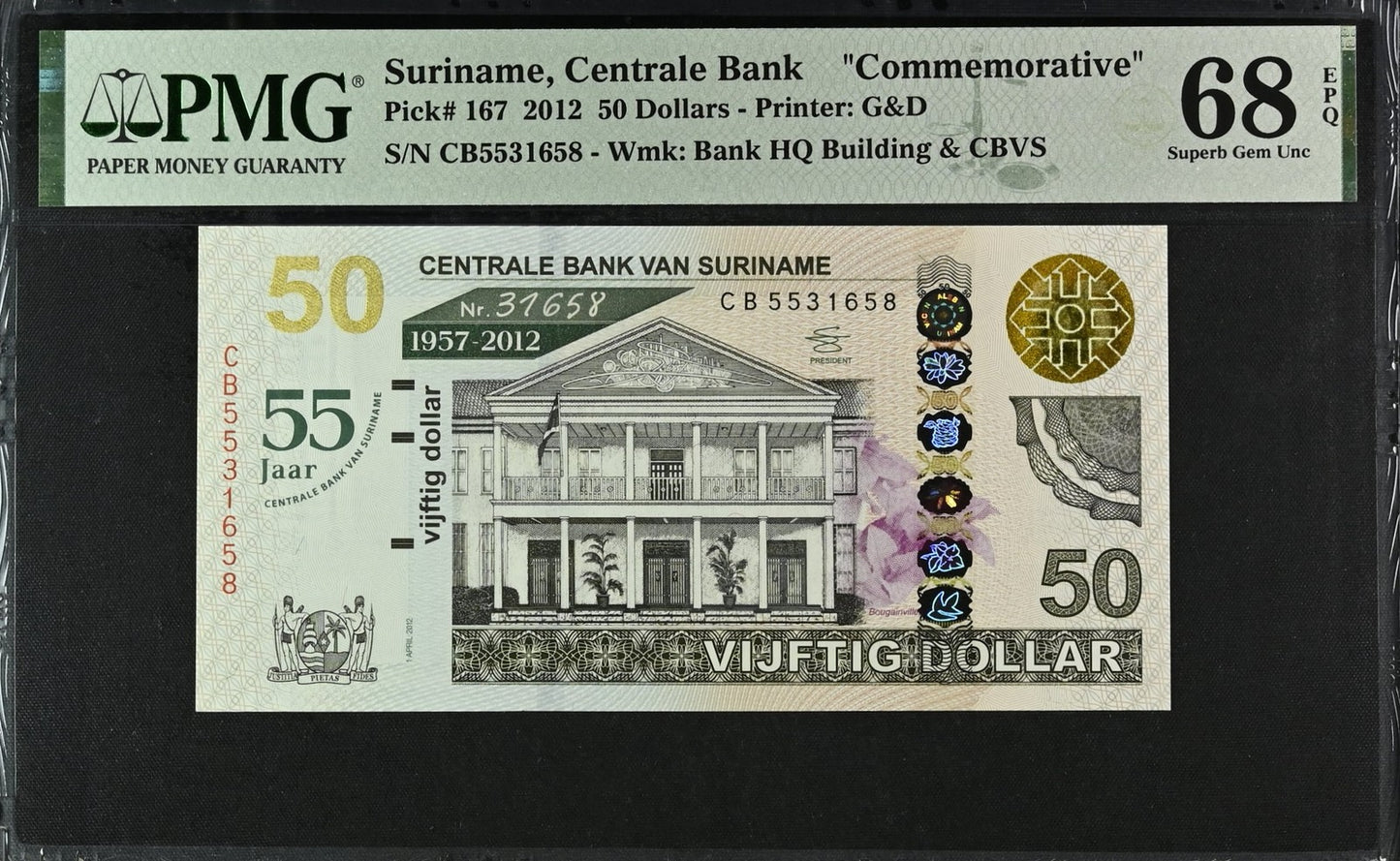Suriname Commemorative 50 Dollars 2012 P 167 UNC PMG 68 EPQ 3rd TOP POP