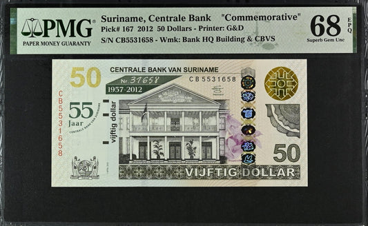 Suriname Commemorative 50 Dollars 2012 P 167 UNC PMG 68 EPQ 3rd TOP POP