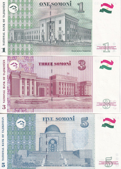 Tajikistan 1 3 5 Somoni 1999 2010 P 14A 20 23 UNC Set 3 pcs