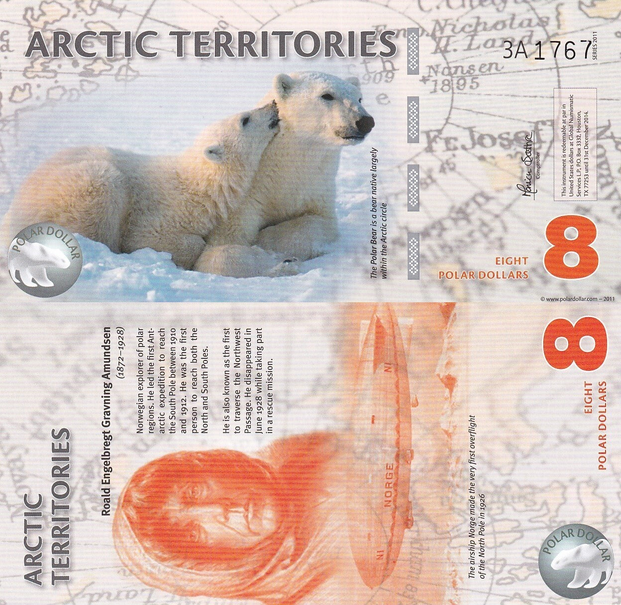 Arctic Territories 8 Dollars 2011 Polar Bear UNC Test Note Series 3A Polymer