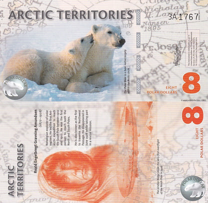 Arctic Territories 8 Dollars 2011 Polar Bear UNC Test Note Series 3A Polymer