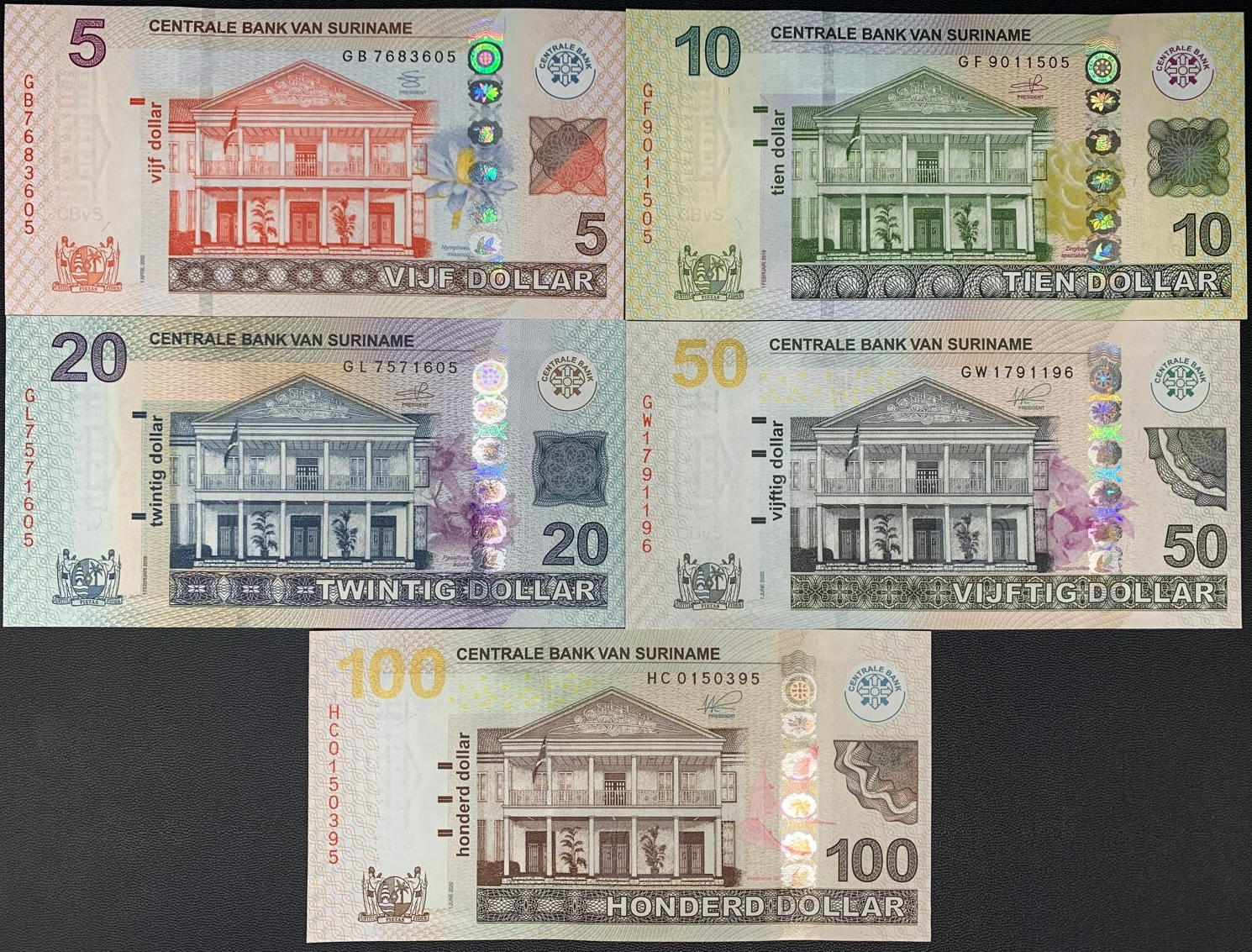 Suriname 5 10 20 50 100 Dollars 2012 2019 2020 P 162b 163 164-166 UNC Set 5 pcs