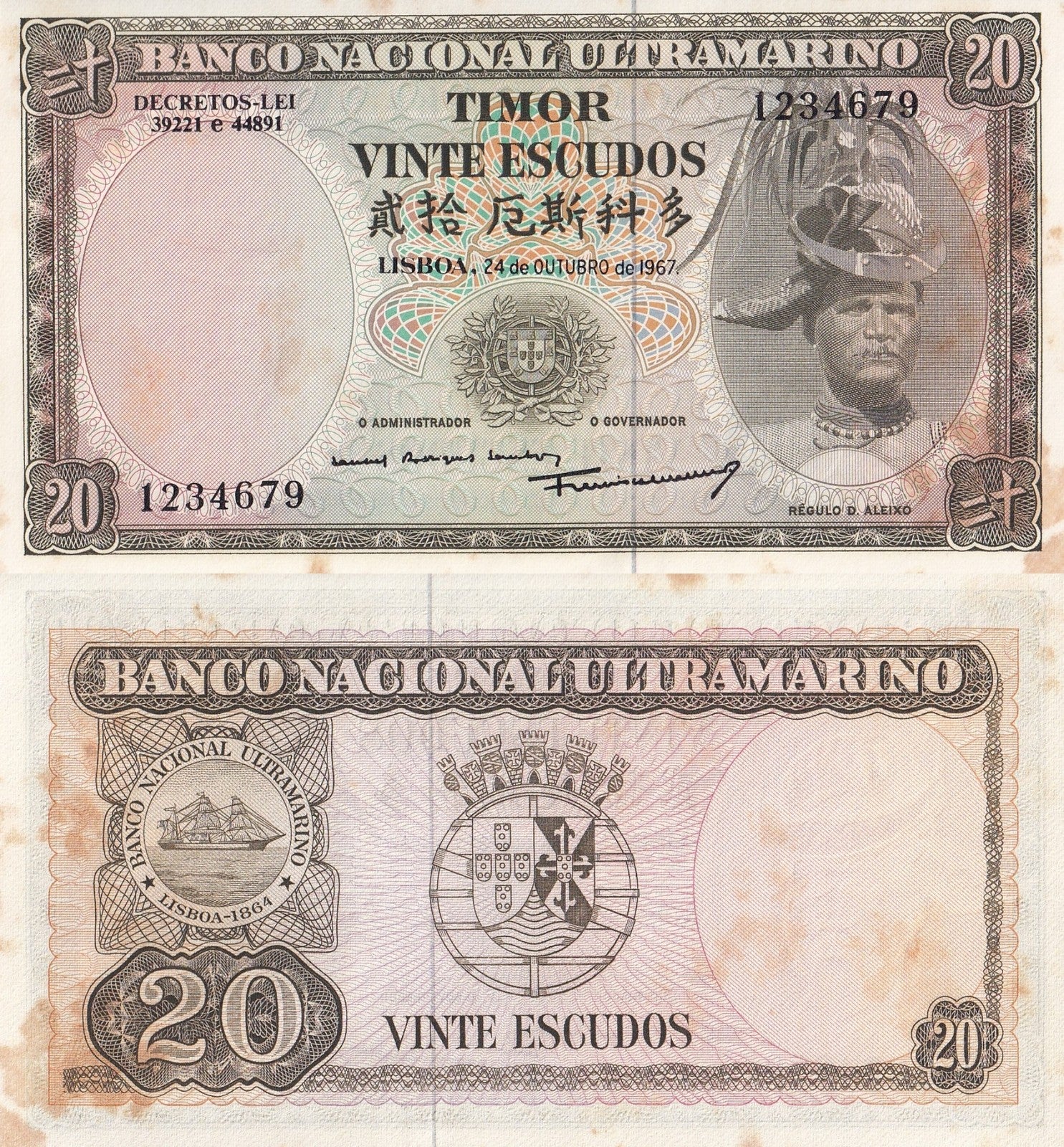 Timor 20 Escudos 1967 P 26 UNC FOXING