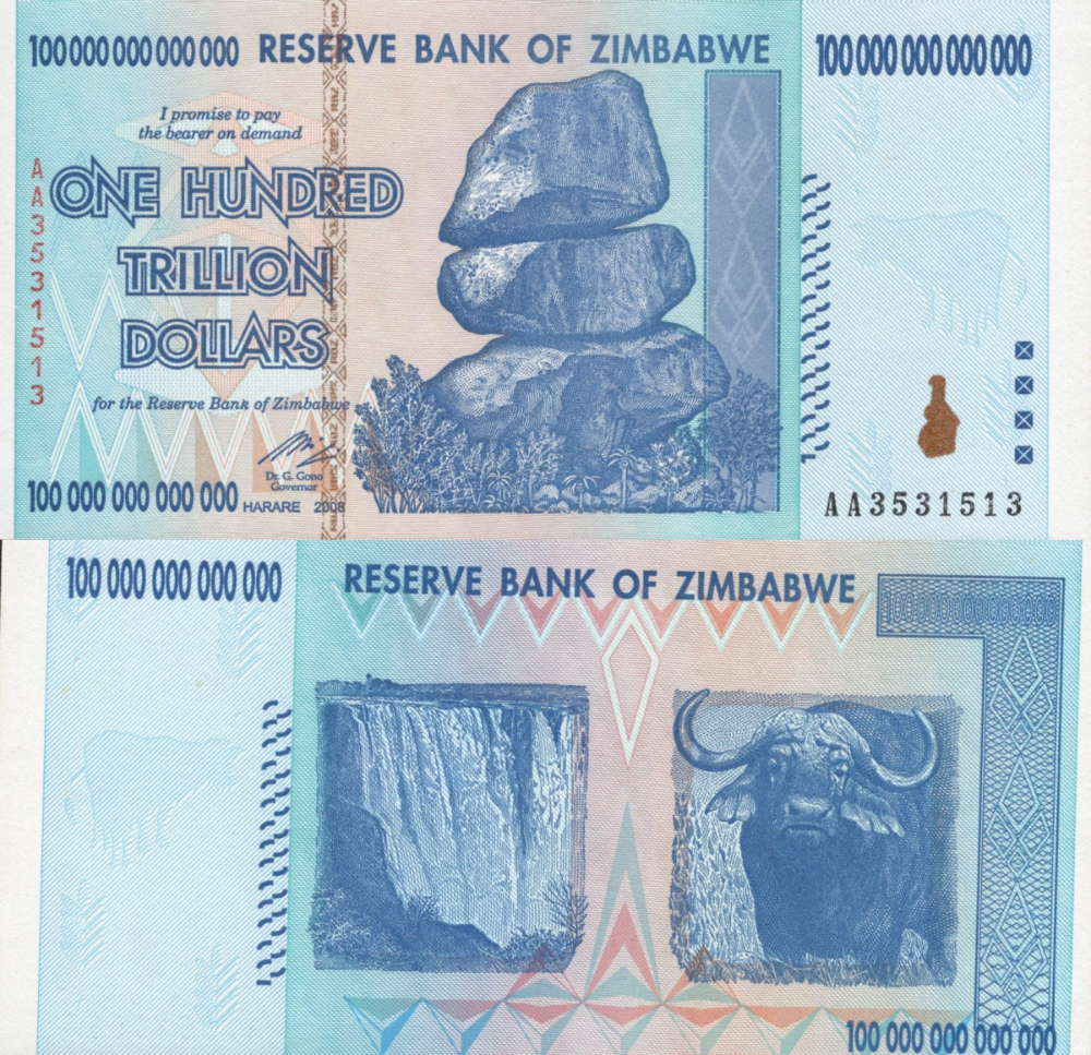 Zimbabwe 100 Trillion Dollars 2008 P 91 UNC AA Frist Prefix