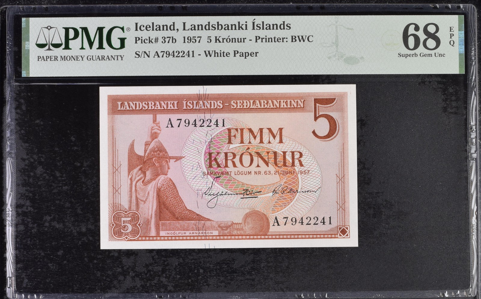 Iceland Landsbanki Islands 5 Kronur 1957 P 37b UNC PMG 68 EPQ TOP POP