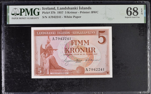 Iceland Landsbanki Islands 5 Kronur 1957 P 37b UNC PMG 68 EPQ TOP POP