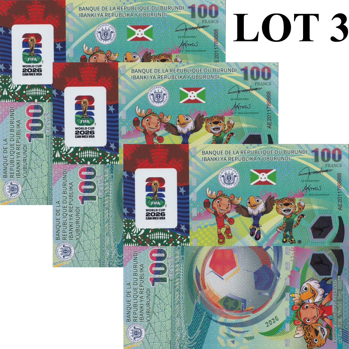 Burundi 2026 1000 Francs FIFA World Cup Mascot Polymer Test Note COMM. Lot 3 pcs