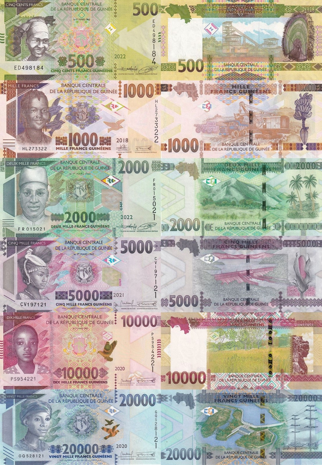 Guinea 500 1000 5000-20000 Francs 2018-22 P 48A 48 49A 49 50 52 UNC Set 6 pcs