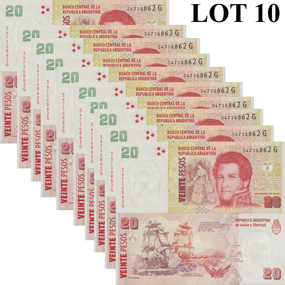 Argentina 20 Pesos ND 2003 P 355c UNC 1/10 Bundle Lot 10 pcs