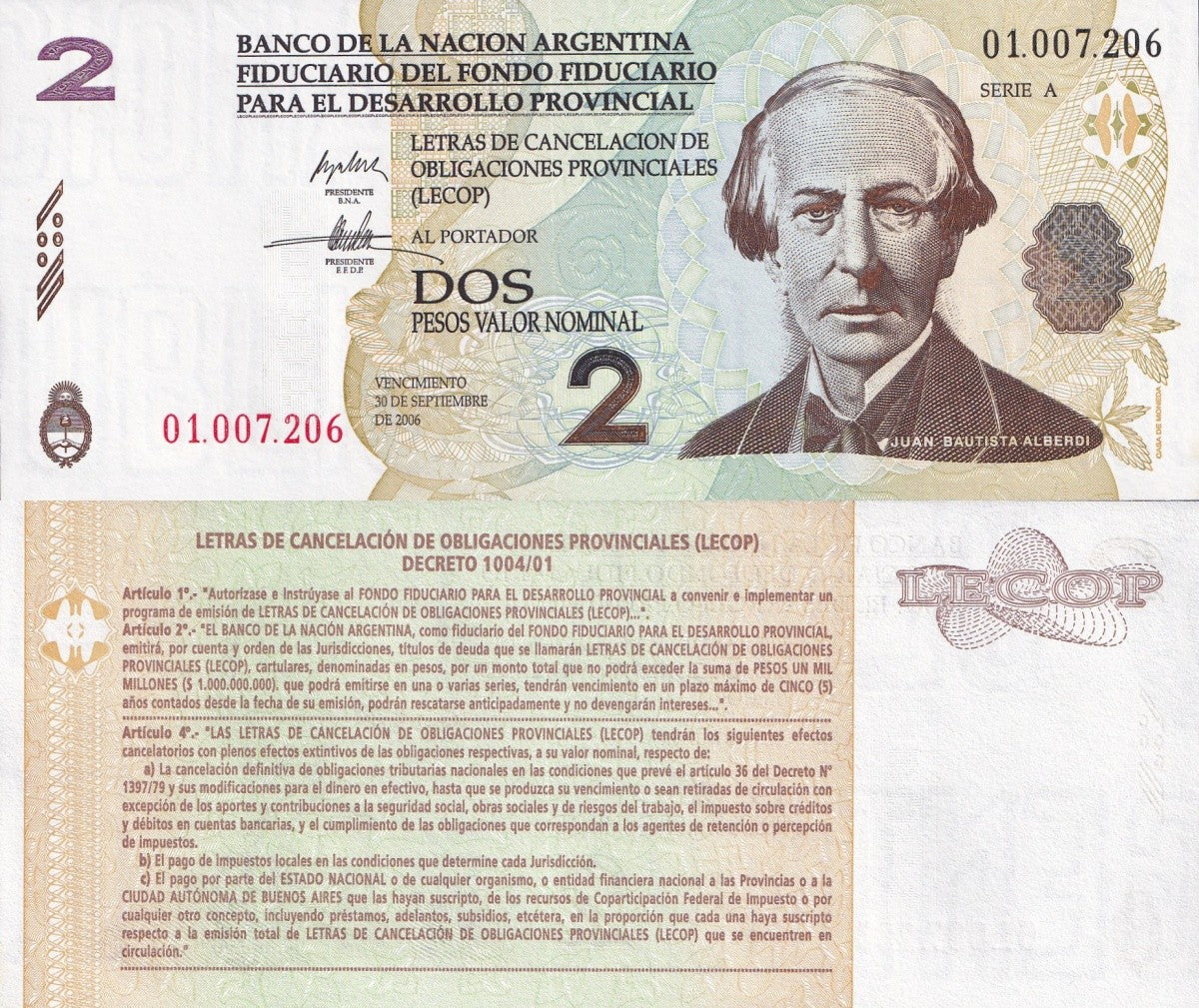 Argentina 2 Pesos 2006 P NL SERIE A UNC