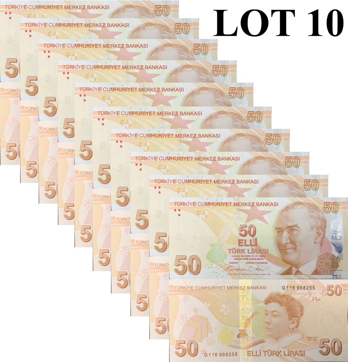 Turkey 50 Turk Lirasi 2009/2025 P 225 New Date UNC 1/10 Bundle Lot 10 pcs