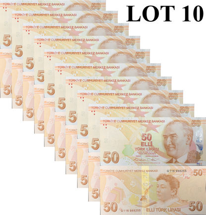 Turkey 50 Turk Lirasi 2009/2025 P 225 New Date UNC 1/10 Bundle Lot 10 pcs