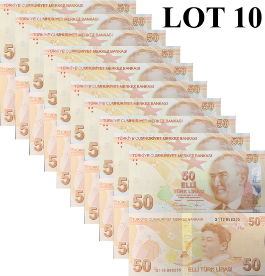 Turkey 50 Turk Lirasi 2009/2025 P 225 New Date UNC 1/10 Bundle Lot 10 pcs