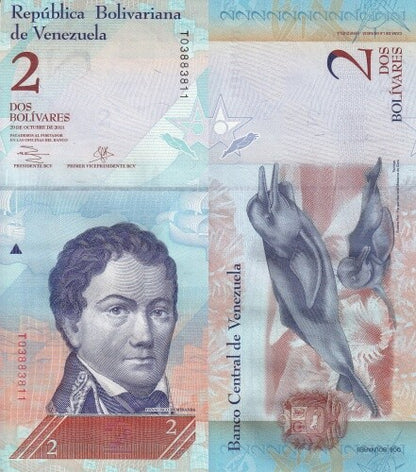 Venezuela 2 Bolivars 2007-2014 P 88 Random Sign UNC