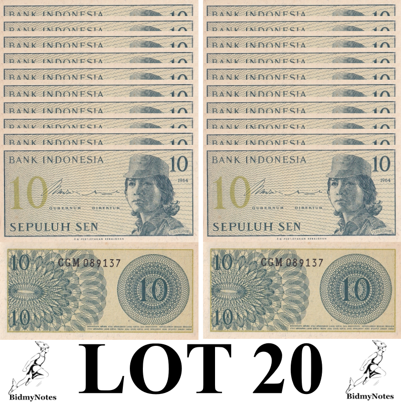Indonesia 10 Sen 1964 P 92 UNC 1/5 Bundle LOT 20 pcs MINOR SPOT