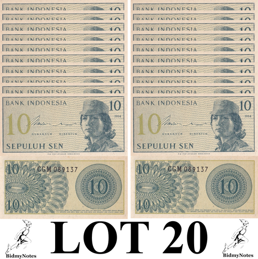 Indonesia 10 Sen 1964 P 92 UNC 1/5 Bundle LOT 20 pcs MINOR SPOT