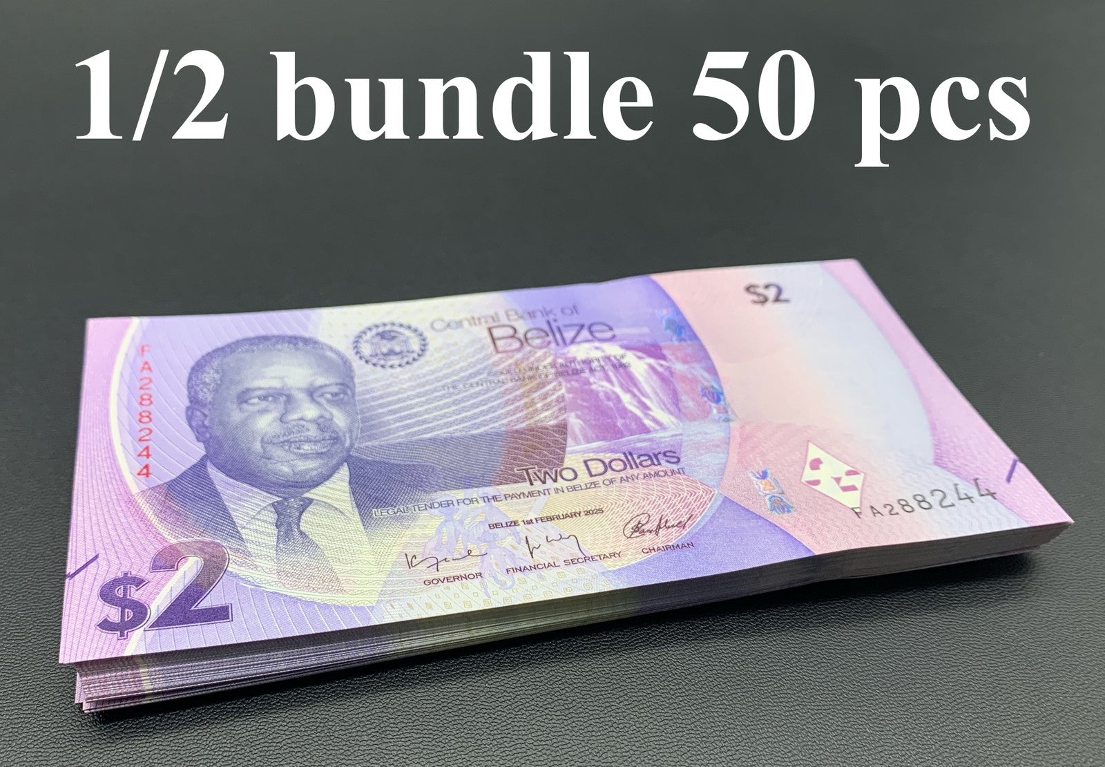 Belize 2 Dollars 2025 P New Issue UNC 1/2 Bundle LOT 50 pcs