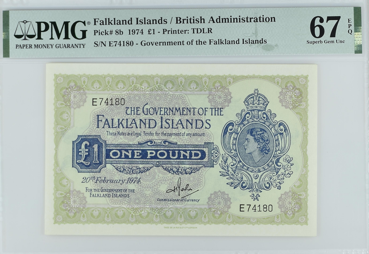 Falkland Islands 1 Pound 1974 P 8b UNC PMG 67 EPQ 3rd TOP POP