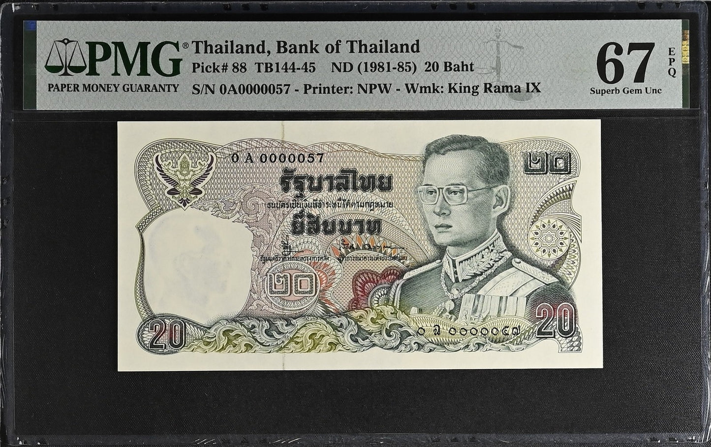 Thailand 20 Baht ND 1981-85 P 88 UNC PMG 67 EPQ 0A Prefix LOW S/N 57 3rd TOP POP