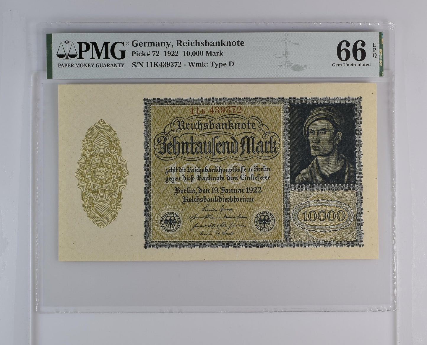 Germany Treasury Note 10000 1922 P 72 UNC S/N 6 Digit PMG 66 EPQ 3rd TOP POP