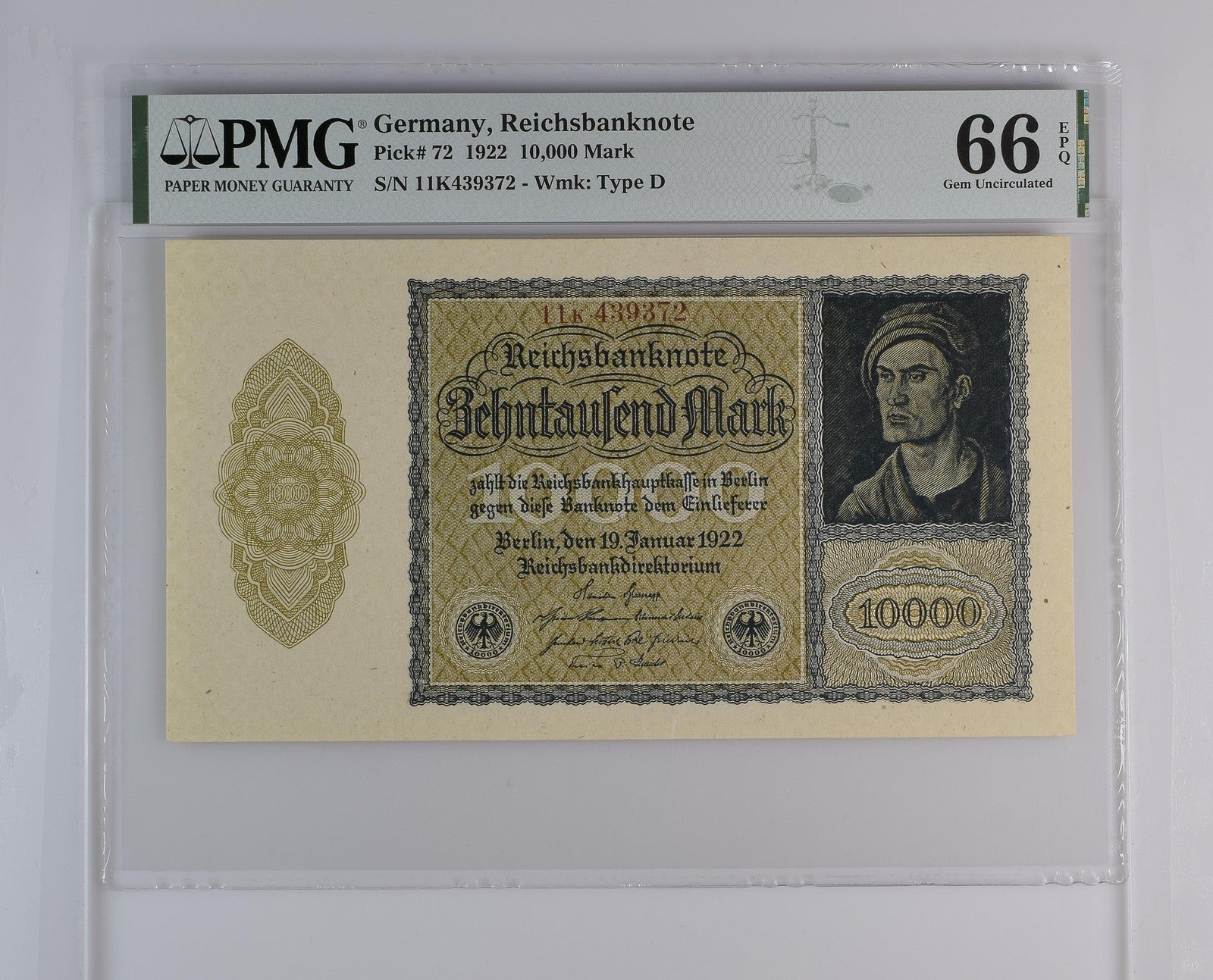 Germany Treasury Note 10000 1922 P 72 UNC S/N 6 Digit PMG 66 EPQ 3rd TOP POP