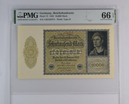 Germany Treasury Note 10000 1922 P 72 UNC S/N 6 Digit PMG 66 EPQ 3rd TOP POP