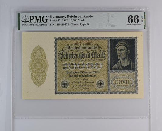 Germany Treasury Note 10000 1922 P 72 UNC S/N 6 Digit PMG 66 EPQ 3rd TOP POP