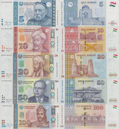 Tajikistan 5 10 20 50 100 Somoni 1999(2013)-2018 P 23 24a 25 26 27b UNC Set 5 p