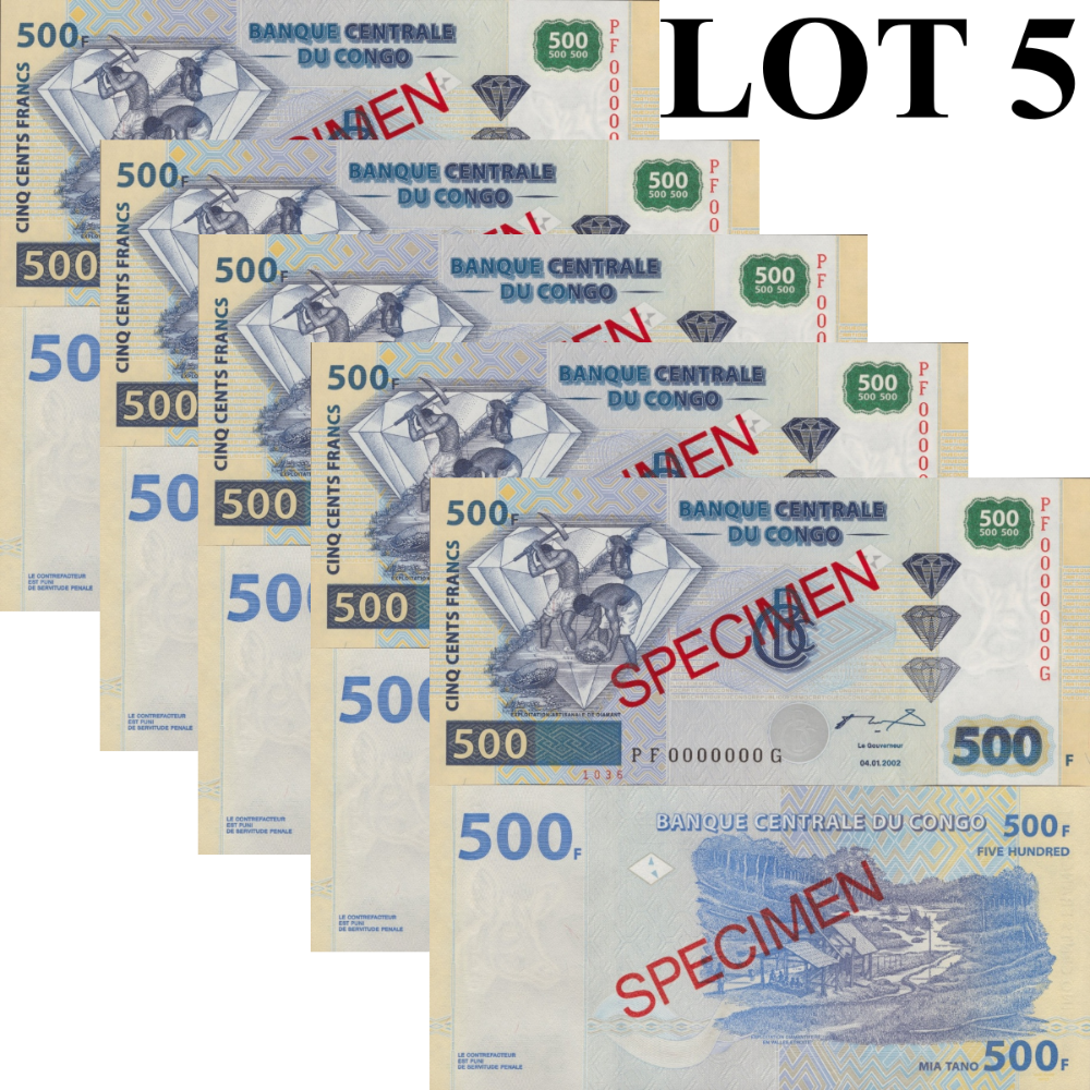 Congo Democratic Republic 500 Francs 2002 P 96a UNC SPECIMEN LOT 5 pcs