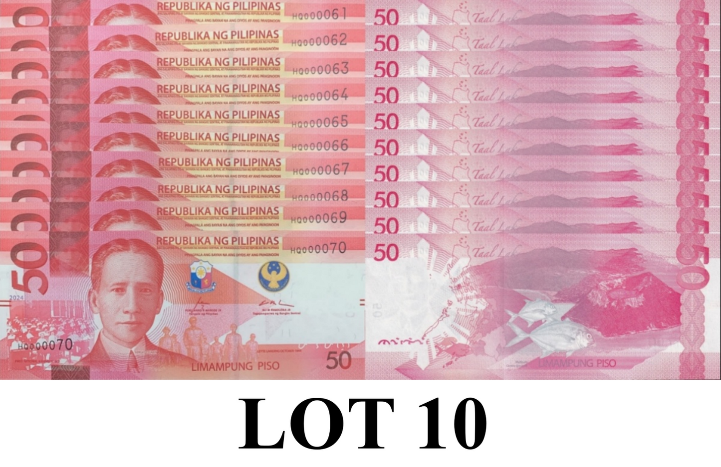 Philippines 50 Piso 2024 P 231A UNC Consecutive Lot 10 pcs LOW S/N 61-70