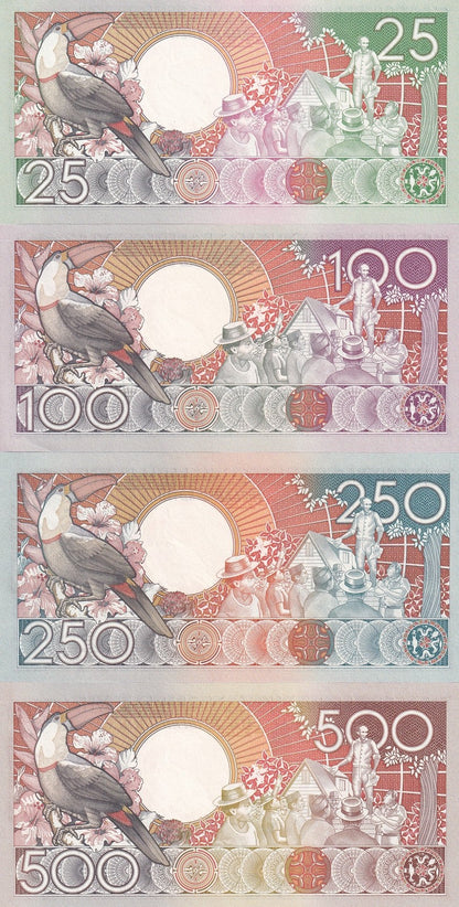 Suriname 25 100 250 500 Gulden 1986-1988 P 132 133 134 135b UNC Set 4 pcs