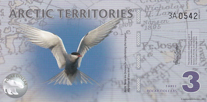 Arctic Territories 3 Dollars 2011 Polymer Series 3A Polar Bird UNC