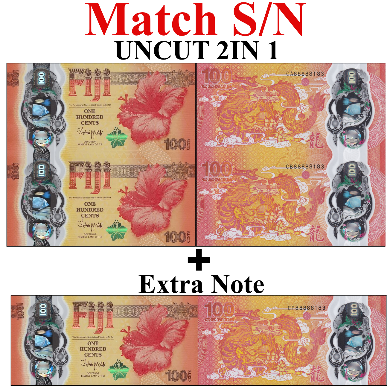 Fiji 100 Cents ND 2023 P 124 UNC Set 2 pcs Match S/N UNCUT 2 IN 1 + Extra Note