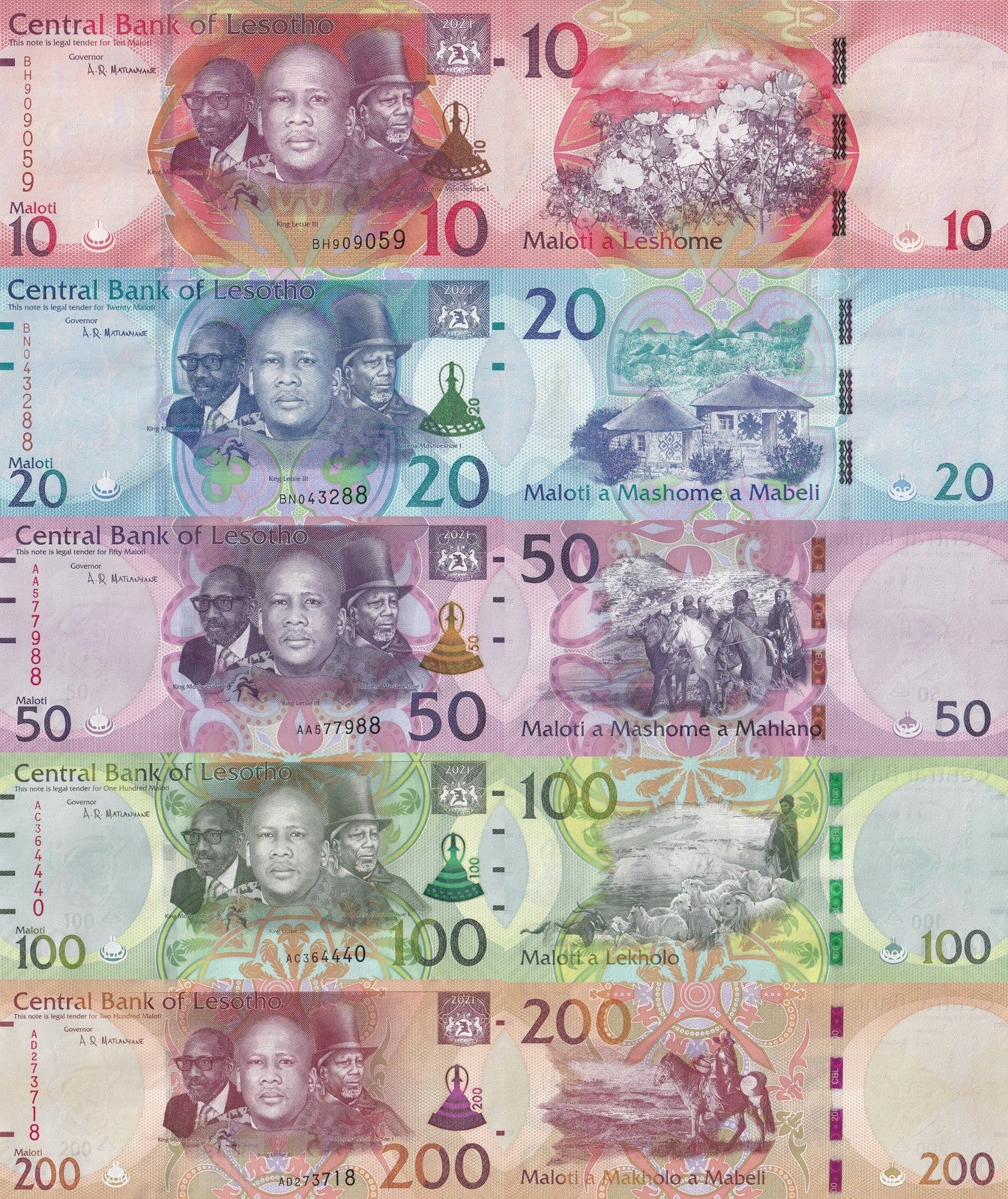Lesotho 10 20 50 100 200 Maloti 2021 P 26 27 28 29 30 UNC Set 5 pcs.